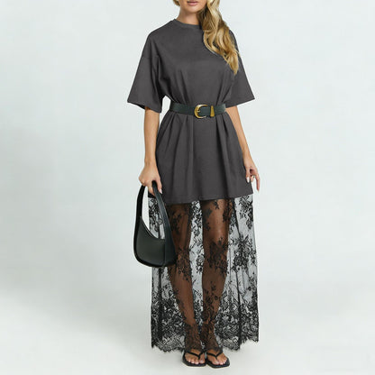 Effortless Chic Meets Elegance – The Lace Hem Maxi Tee Dress