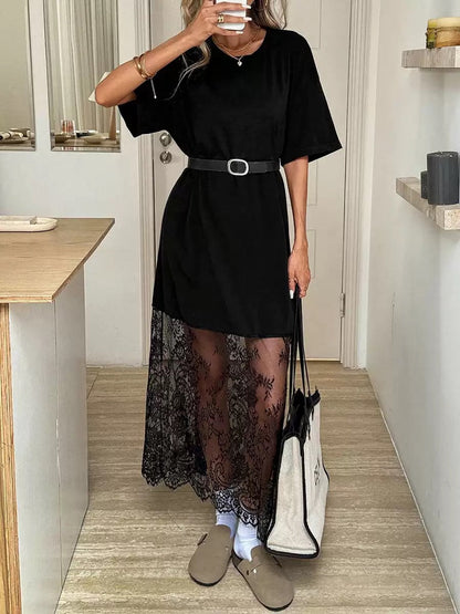 Effortless Chic Meets Elegance – The Lace Hem Maxi Tee Dress