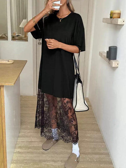Effortless Chic Meets Elegance – The Lace Hem Maxi Tee Dress