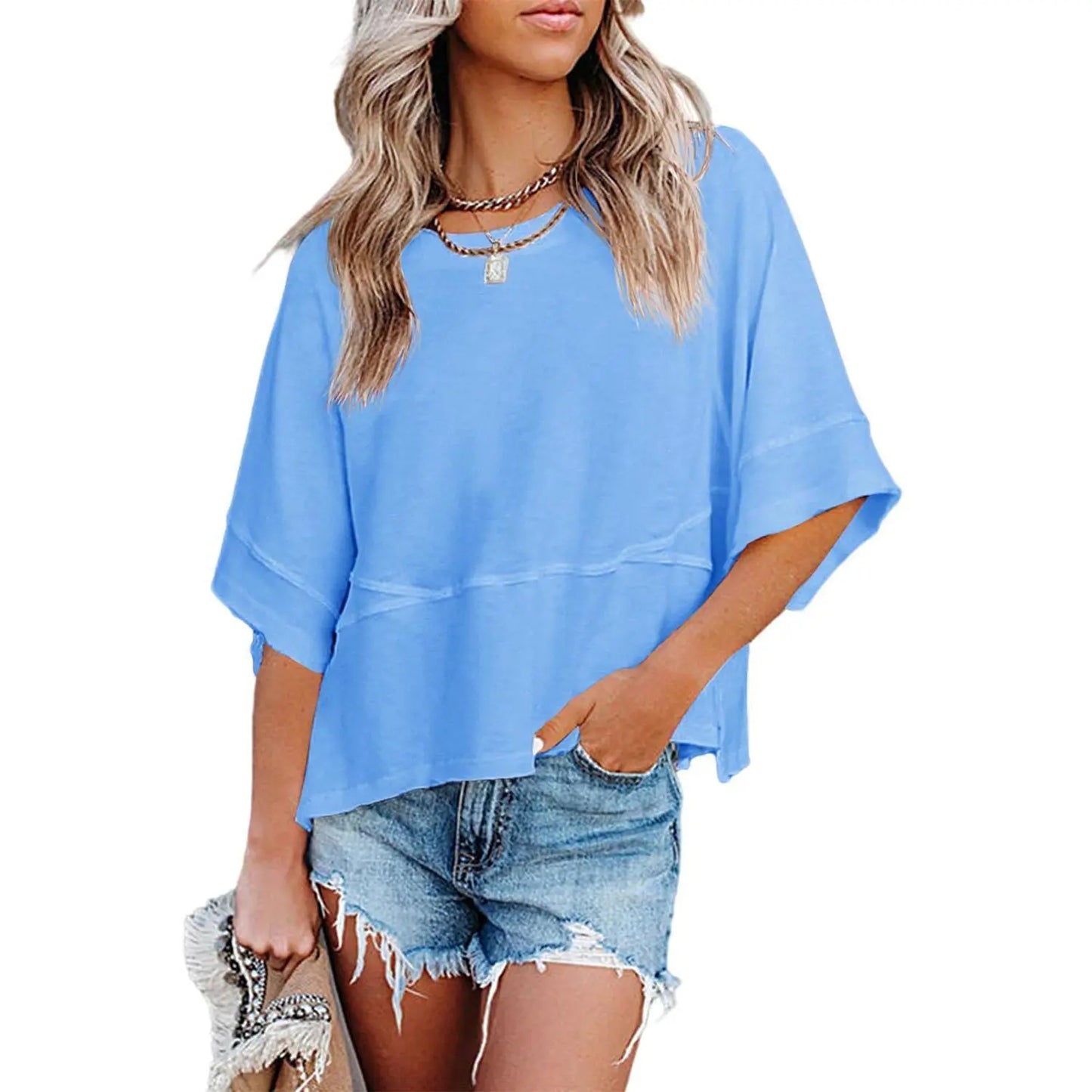 Summer Special Offer-Panel Solid Color Flared Sleeve T-Shirt