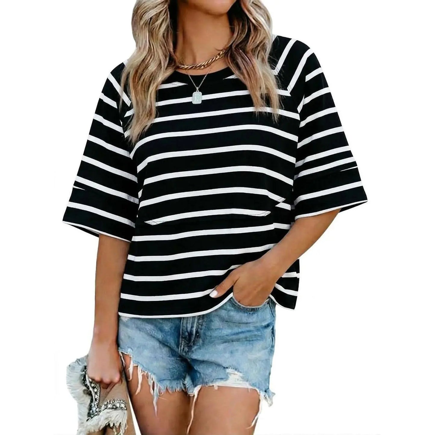 Summer Special Offer-Panel Solid Color Flared Sleeve T-Shirt