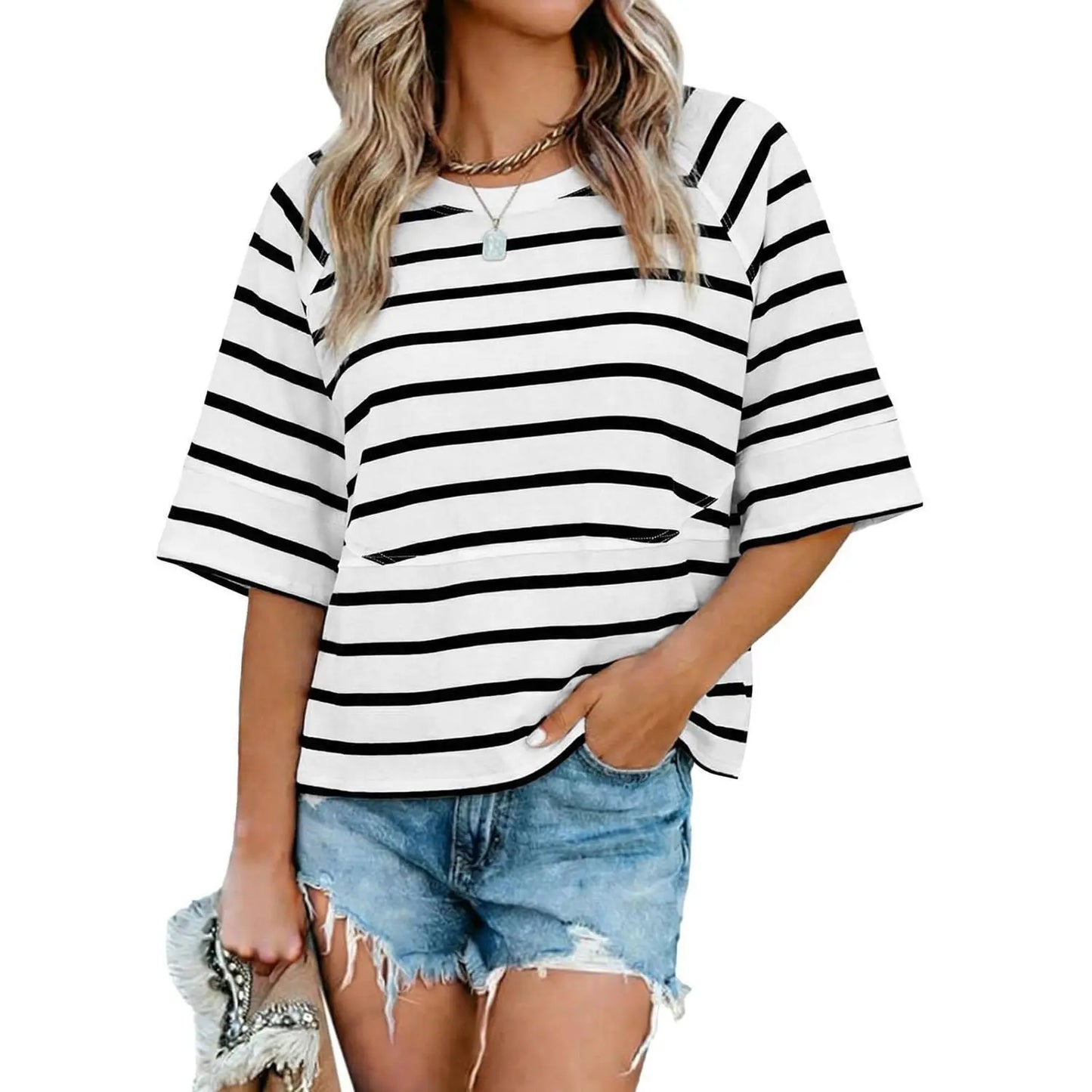 Summer Special Offer-Panel Solid Color Flared Sleeve T-Shirt